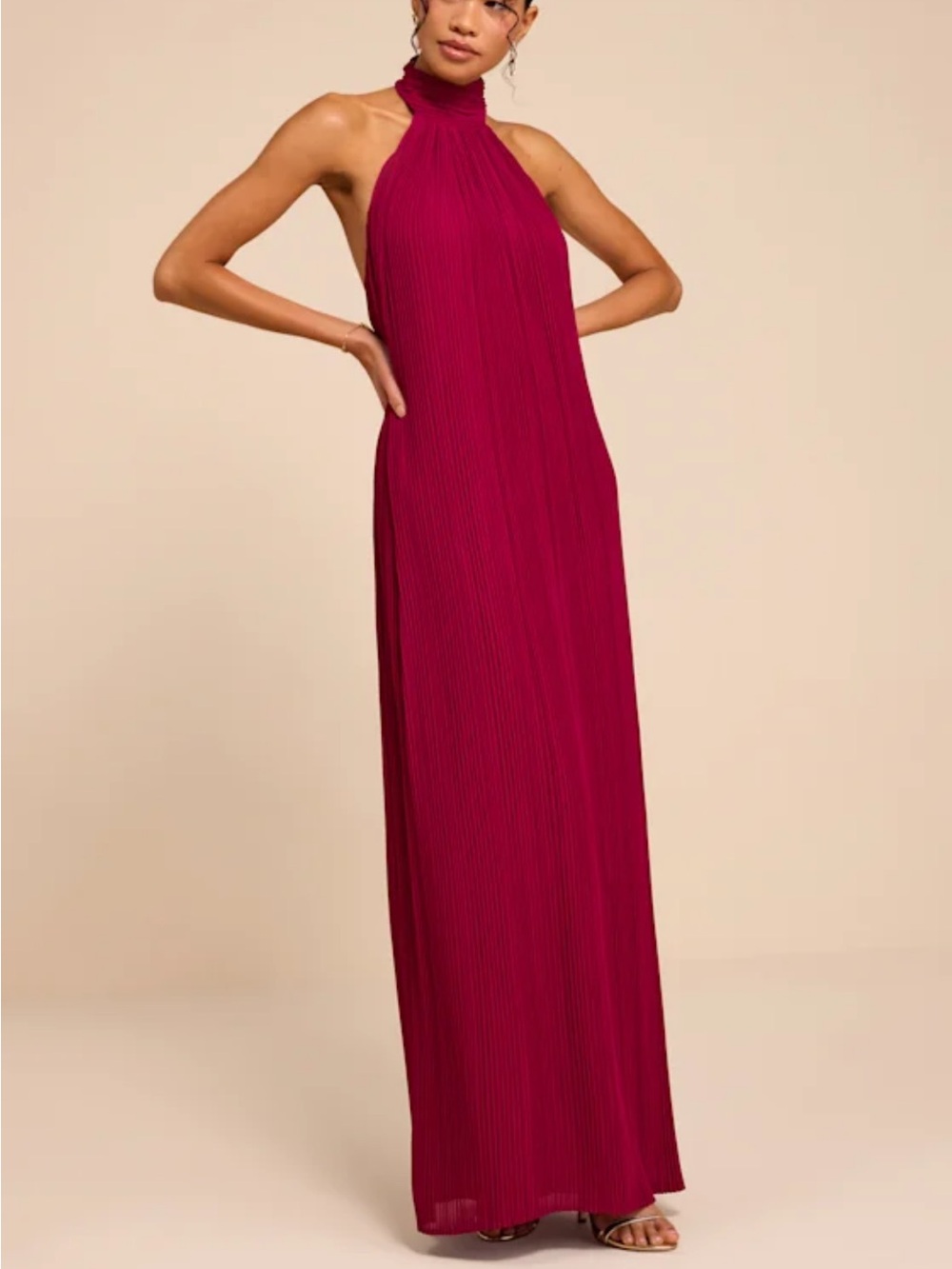 Halter Neck Maxi Dress - Raspberry Red